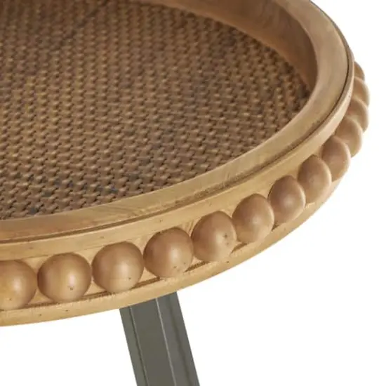 20.5" Brown Wood Beaded Accent Table with Rounded Gray Metal Base & Rattan Accent {5}
