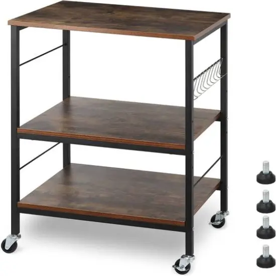 Rustic Brown Wood Kitchen Carts 3-Tier Rolling Rack with 10 Hooks {1}