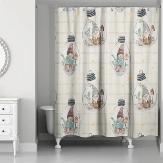 Cream and Gray Check Gnome Globe Pattern Shower Curtain {3}