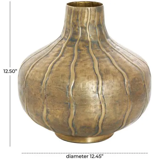 13" Brass Metal Wide Snakeskin Inspired Vase with Dimensional Wavy Accents {8}