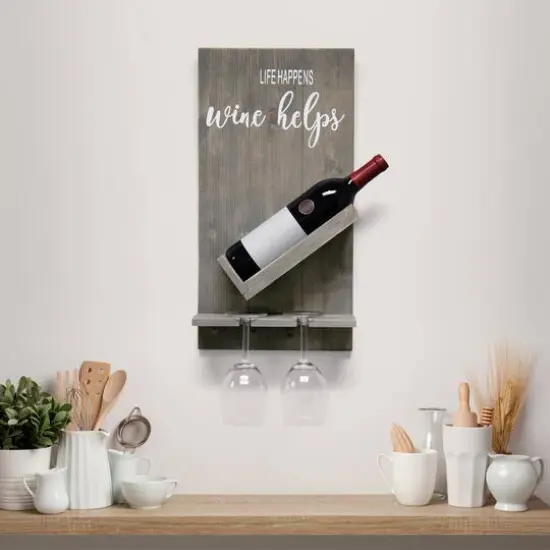 Elegant Designs Wall Mounted Wine Bottle Shelf & Glass Holder Rustic Gray {4}