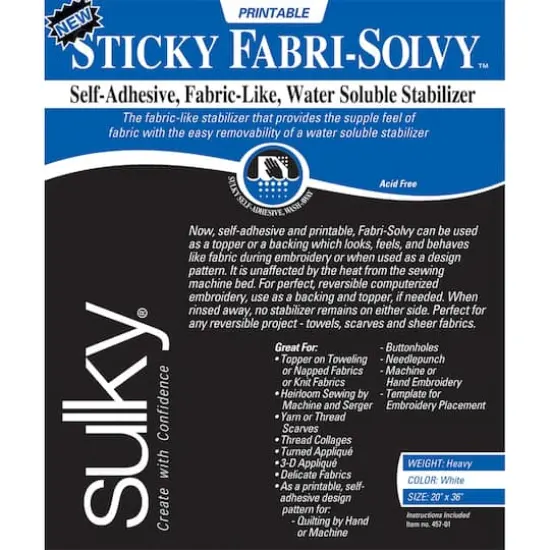 Sulky&reg; Sticky Fabri-Solvy&trade; Printable Water-Soluble Stabilizer, 20" x 36" {1}