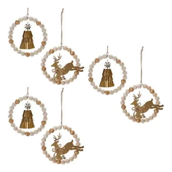 5.5" Beaded Wood Tree & Deer Ornaments Set {1}