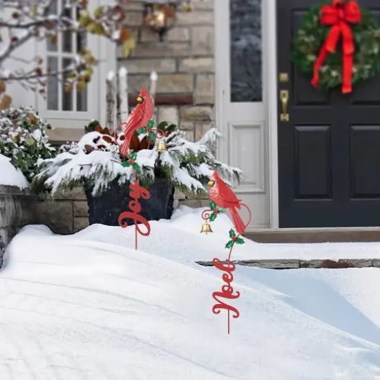 Glitzhome&reg; 3ft. Metal Cardinal Joy & Noel with Bell Yard Stake Set {6}