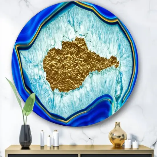 Designart - Golden Heart Blue Agate Stone - Glam Round Circle Metal Wall Decor {1}