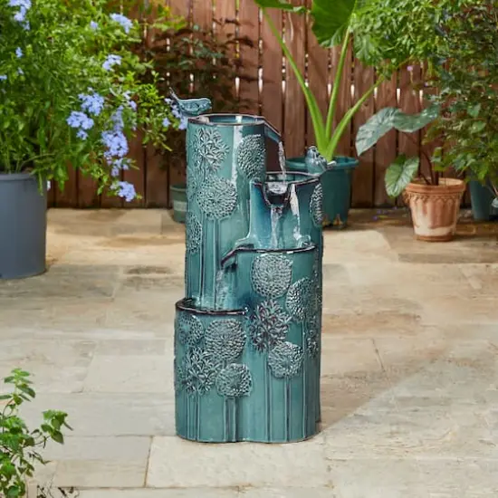 Glitzhome&reg; 31.75" Turquoise 4-Tier Dandelion Texture Vase-Shaped Ceramic Outdoor Fountain with LED Light {4}
