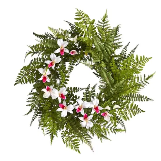 24" Mixed Fern & Dendrobium Orchid Wreath White {1}