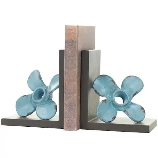 6.5" Teal Metal Boat Distressed Propeller Bookends with Brown L-Shaped Stands {1}