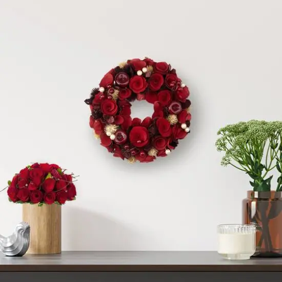 12" Unlit Red Wooden Rose Apple & Faux Pearl Artificial Valentines Wreath {4}