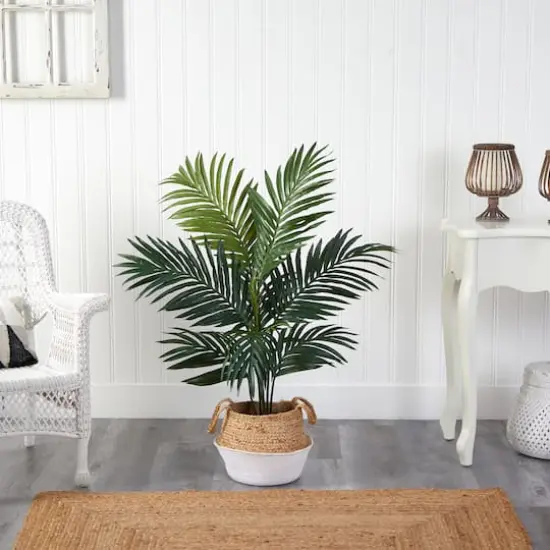 4ft. Kentia Palm Artificial Tree in Boho Chic Handmade Cotton & Jute White Woven Planter {4}