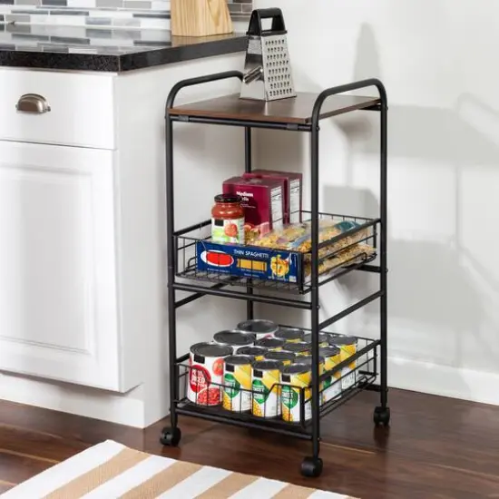 Honey Can Do Black & Natural 3-Tier Slim Rolling Cart {1}