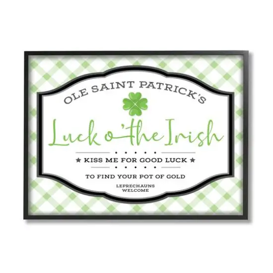 Stupell Industries Saint Patrick's Luck o'the Irish Sign Green Plaid Framed Giclee Art Black {1}
