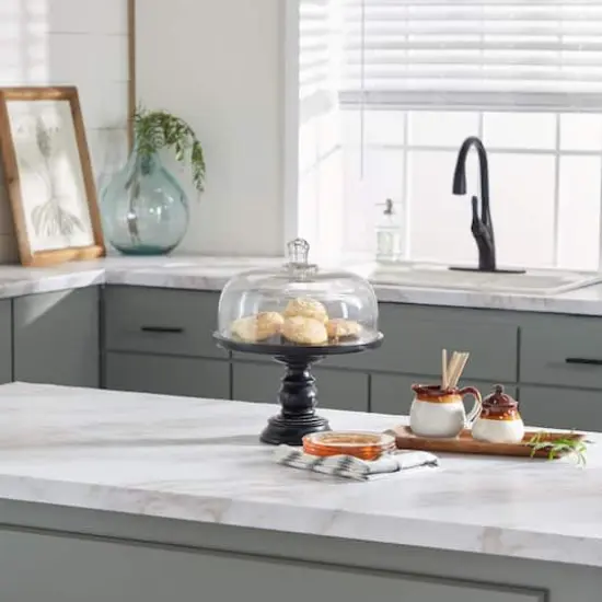 Black Wood and Glass Farmhouse Cake Stand with Cloche, 14" x 12" x 12" {8}