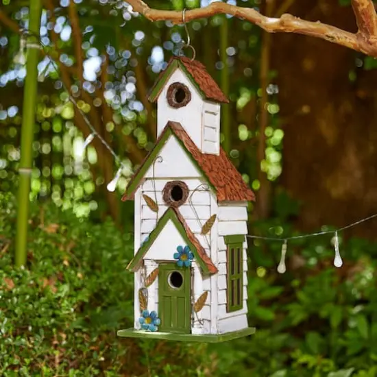 Glitzhome&reg; 20" White & Green Distressed Wood 3-Story Villa Birdhouse {4}
