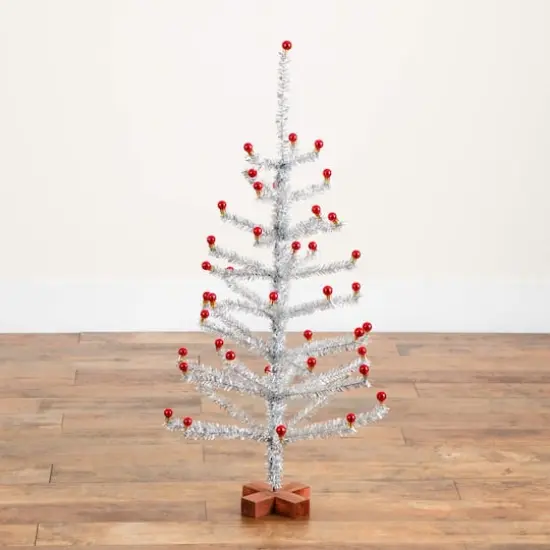 3ft. Artificial Retro Silver Tinsel Christmas Tree with 45 Red Mini Ornament Balls and Wooden Base {6}