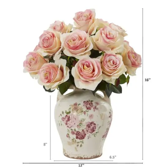 16" Pink Rose Arrangement in Flower Printed Vase {3}