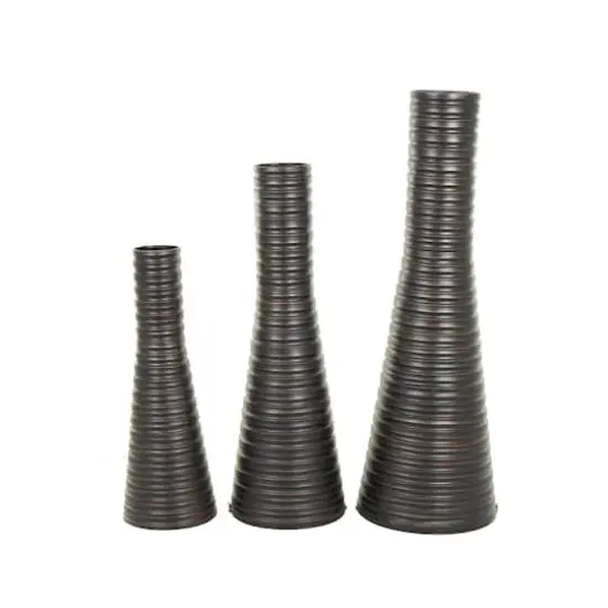 Bronze Ribbed Tall Cone Floor Vase with Horizontal Grooves Set {1}
