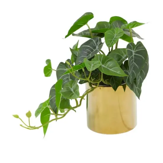14" Green Faux Foliage Pothos Artificial Plant With Gold Porcelain Pot {3}