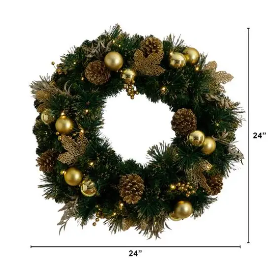 24in. Pre-Lit Artificial Golden Frosted Christmas Wreath with 50 Warm White LED Lights Pinecones, Berries and Ornaments {3}