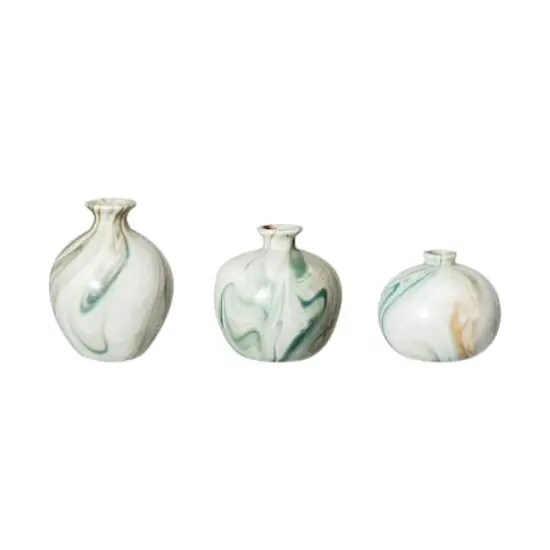 Hello Honey&reg; Green Decorative Stoneware Vase with Marbled Designs Set {4}