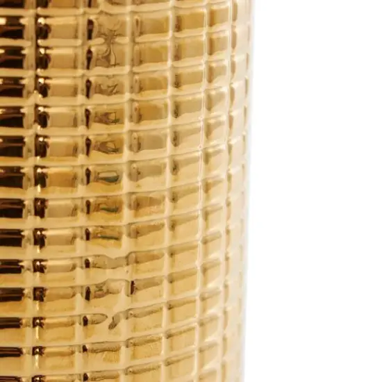 8" Gold Ceramic Geometric Dimensional Textured Vase Set with Grid Patterns {7}