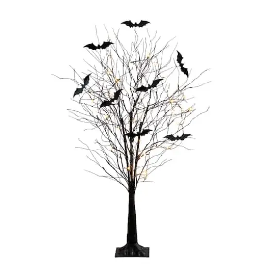 5ft. Pre-Lit Artificial Halloween Black Twig Tree with Bats and 50 Warm White LED Lights {1}