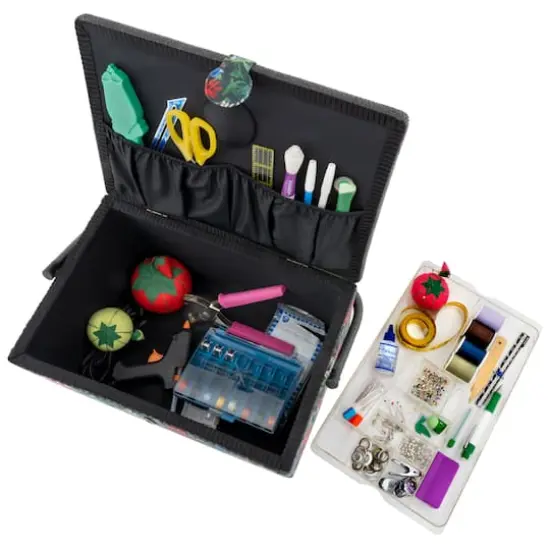 Dritz&reg; Green & Red Floral Extra Large Sewing Basket with Removable Tray {5}