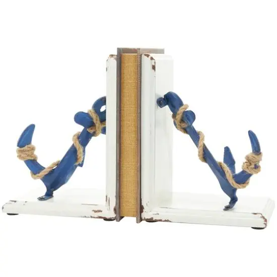 8" Blue Wood Anchor Distressed Bookends with Rope Accents & White Wood Stands Set {9}