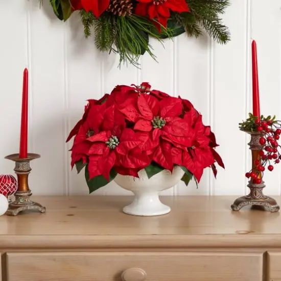 13" Red Poinsettia Arrangement in Urn {3}