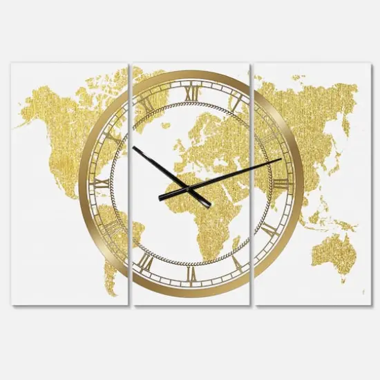 Designart Golden Map Of The Earth Fashion 3 Panel Large Wall Clock {1}