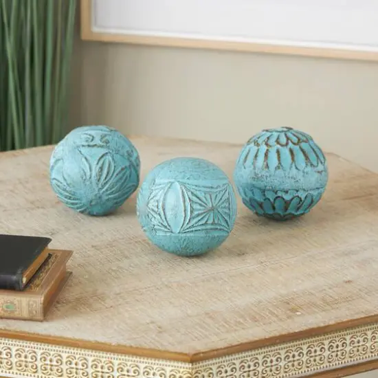 4" Blue Paper Mache Carved Decorative Ball Orbs Set {8}