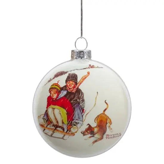 3" Norman Rockwell Young Love: Sledding Glass Disc Ornament {1}