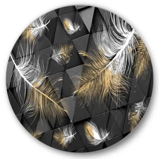 Designart - White and Gold Feathers On Triangular - Modern Metal Circle Wall Art {1}