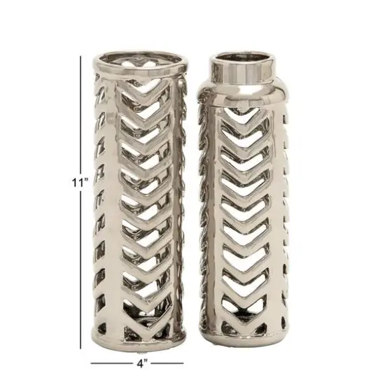 Set of 2 Silver Stoneware Glam Vase, 4" x 11" {9}