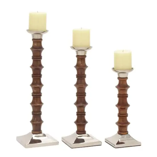Brown Wood & Aluminum Pillar Candle Holder Set {4}