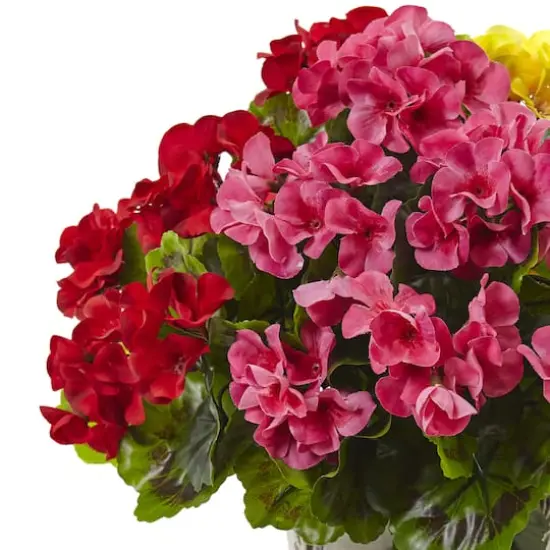 18.5" Yellow, Red & Pink UV Resistant Geranium Arrangement with White Metal Planter {3}