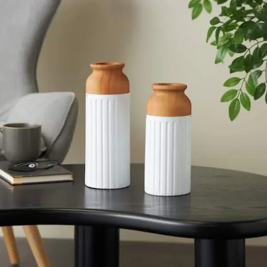 White & Brown Grooved Texture Metal & Wood Vase Set {3}