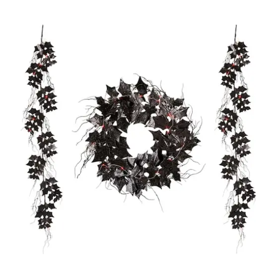 Glitzhome&reg; Lighted Halloween Bat Garland & Wreath Set {1}