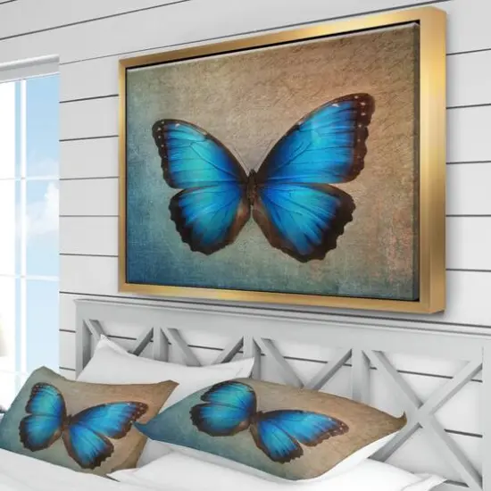 Designart - Blue Vintage Butterfly - Floral Art Framed Canvas Print Gold {5}