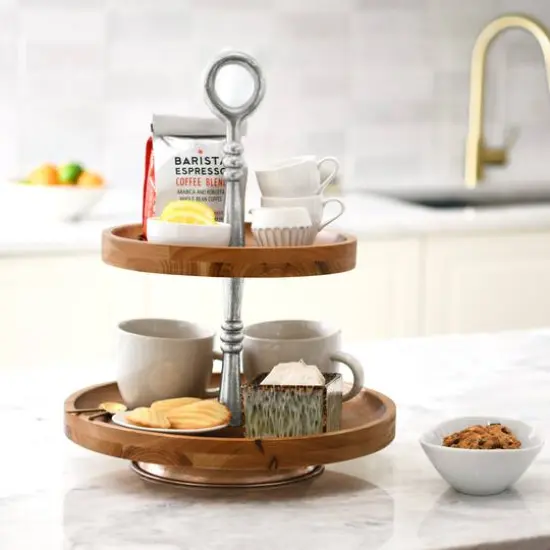 Hello Honey&reg; 18" Dark Brown and Silver Wood 2-Tier Decorative Tray {4}