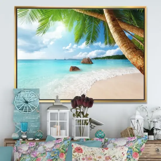 Designart - Praslin Island Seychelles Beach - Seashore Photo Framed Canvas Print Gold {4}