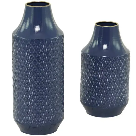 Blue Metal Diamond Embossed Exterior Vase Set of 2 16", 12" {6}