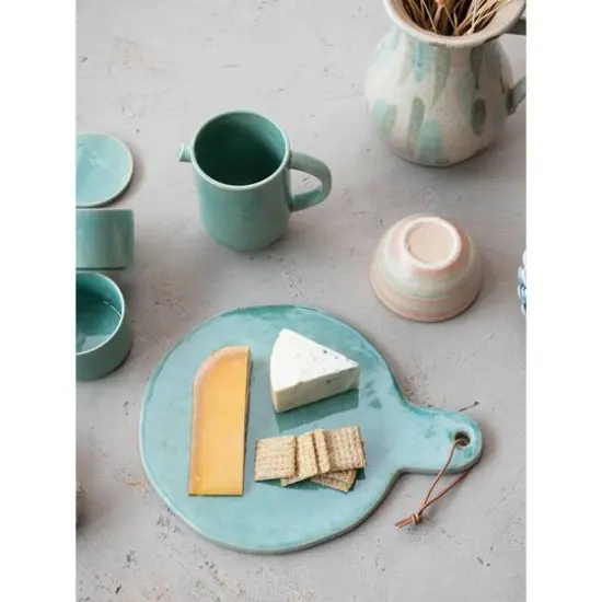 Hello Honey&reg; 13.75" Aqua Round Stoneware Cheese Board with Leather Tie {6}