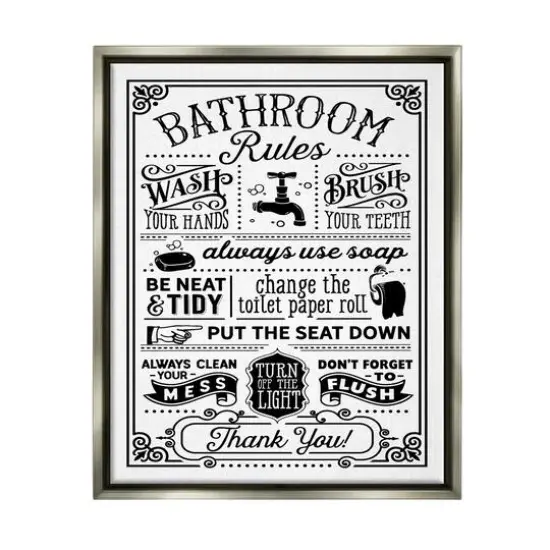 Stupell Industries Vintage Style Bathroom Rules Diagram List Border Floater Framed Art Gray {1}