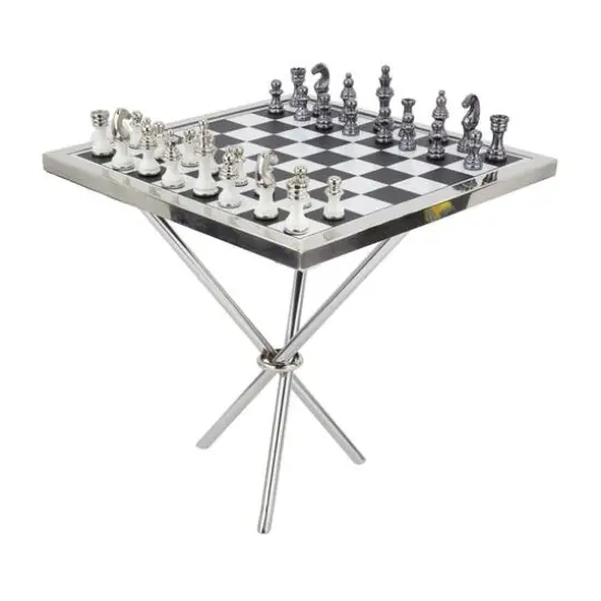 Silver Aluminum Contemporary Game Set Table, 4" x 25" x 22" {3}
