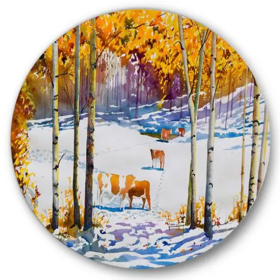 Designart - Cattle In The Early Snow In The Forest - Farmhouse Metal Circle Wall Art {4}