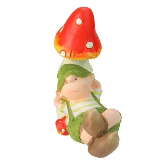 8.25" Young Boy Gnome Under a Mushroom Spring Outdoor Garden Figure {3}
