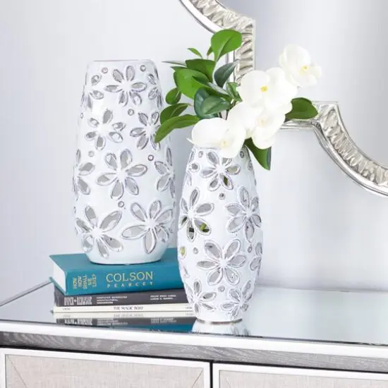 Set of 2 White Ceramic Farmhouse Vase 14", 11" {9}