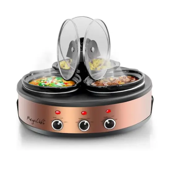 MegaChef Brushed Copper & Black Round Triple 1.5qt. Slow Cooker & Buffet Server Finish With 3 Ceramic Cooking Pots & Removable Lid Rests {5}