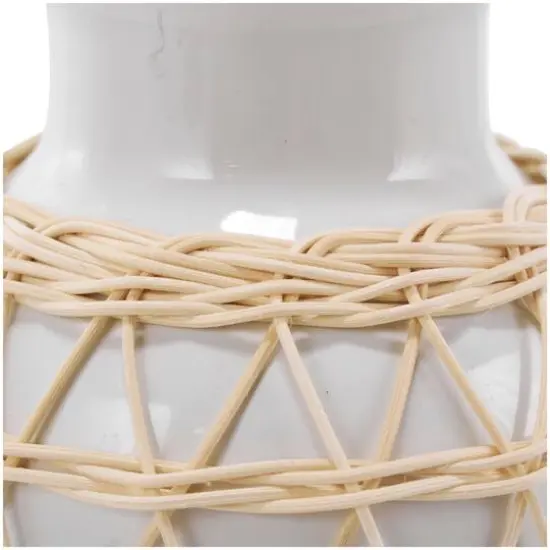 14" White Ceramic Vase with Woven Rattan Exterior {3}